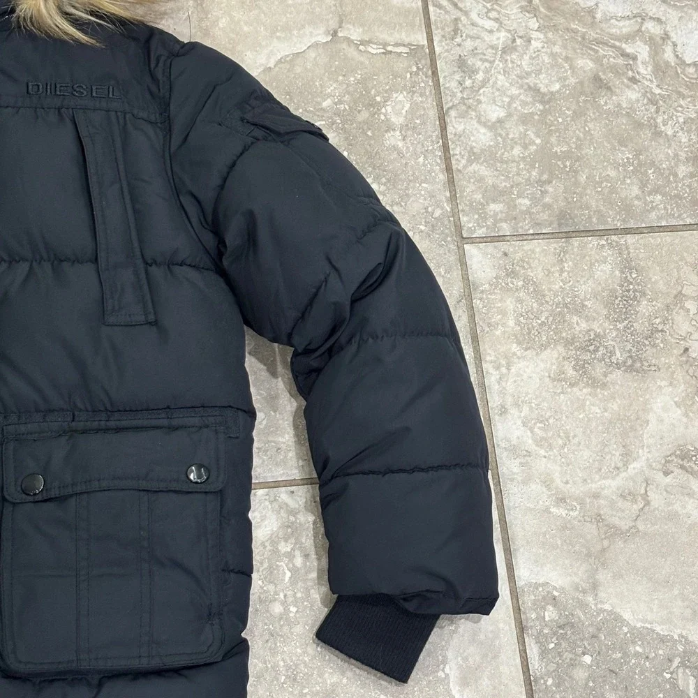 Diesel Kids Black Puffer Parka Jacket Faux Fur Hood Sherpa Lined Size M 10/12
